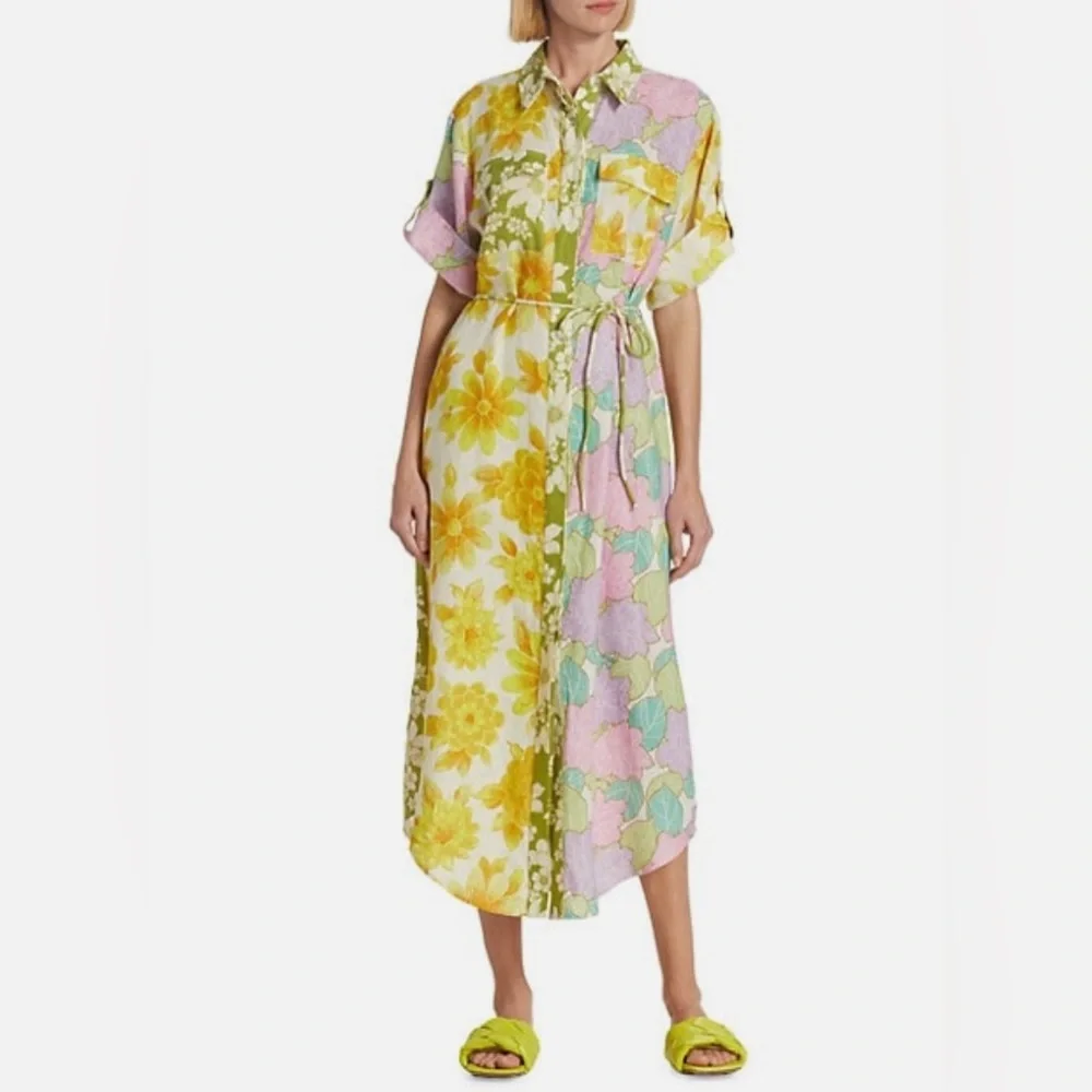 Mixed Floral Cotton Linen Luxury Print Shirtdress With Optional Tie Belt - Picture 2 of 11